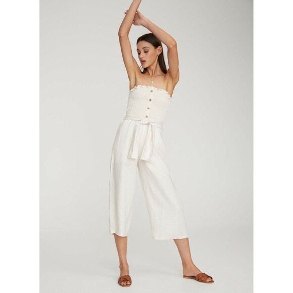 NEW FAITHFULL THE BRAND Sz 4 S LAIS SMOCKED BELTED LINEN STRAPLESS JUMPSUIT BONE - Picture 1 of 4